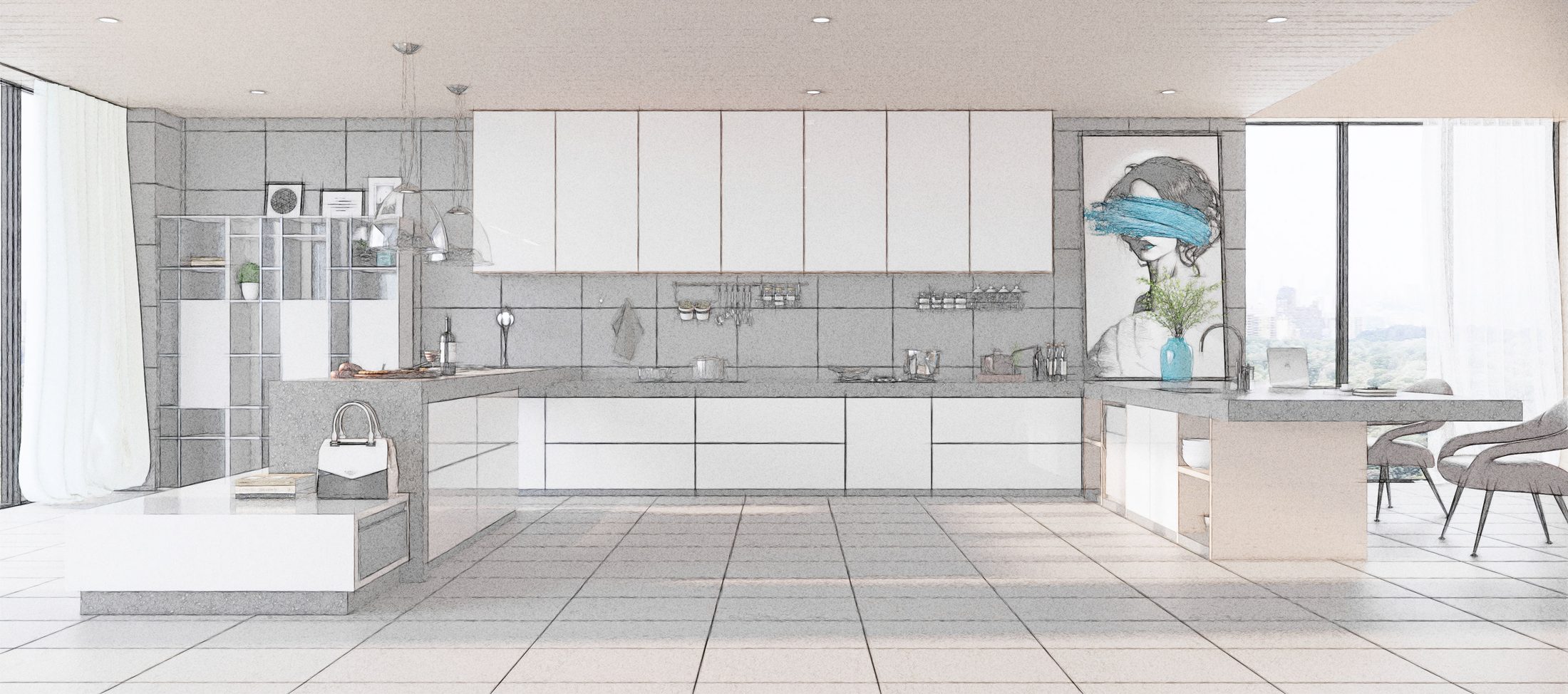 Kitchen designed in SketchUp, rendered in sketch style